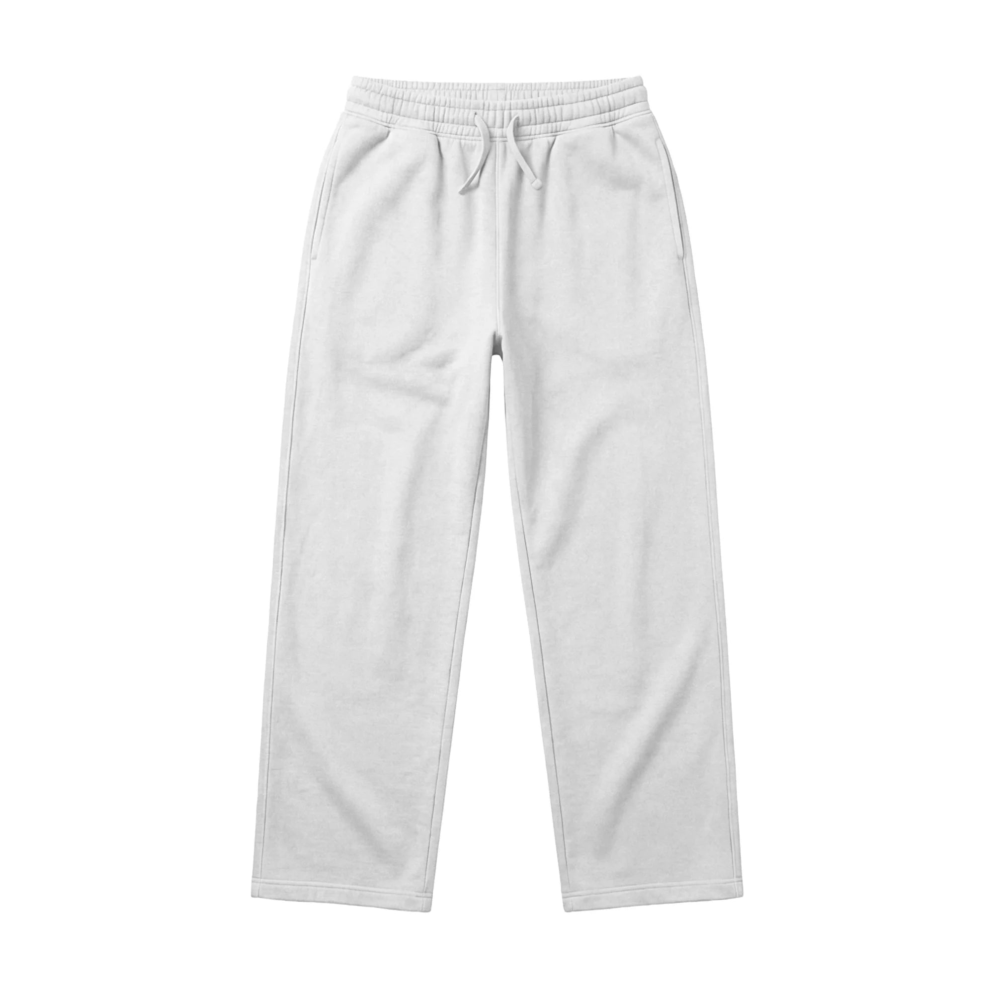 A pair of Wide Leg Baggy Sweatpants in plain light gray with an elastic waistband, drawstring, and side pockets, laid flat on a white background.