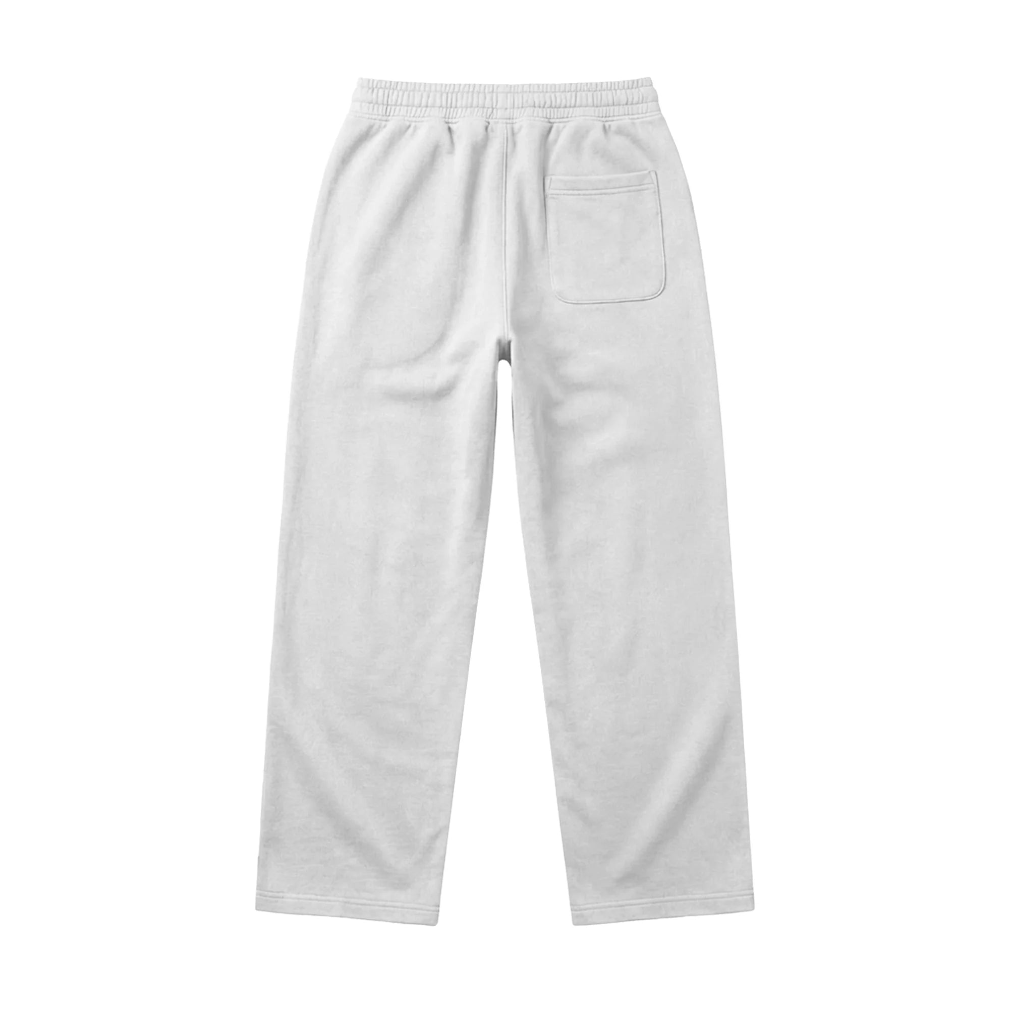 Back view of Wide Leg Baggy Sweatpants in plain light gray heavy fleece with an elastic waistband and a single right back pocket, shown on a white background.