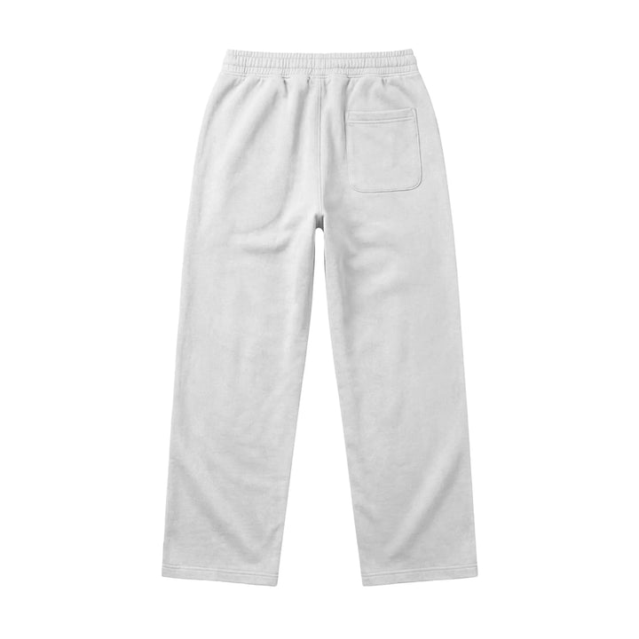Back view of Wide Leg Baggy Sweatpants in plain light gray heavy fleece with an elastic waistband and a single right back pocket, shown on a white background.