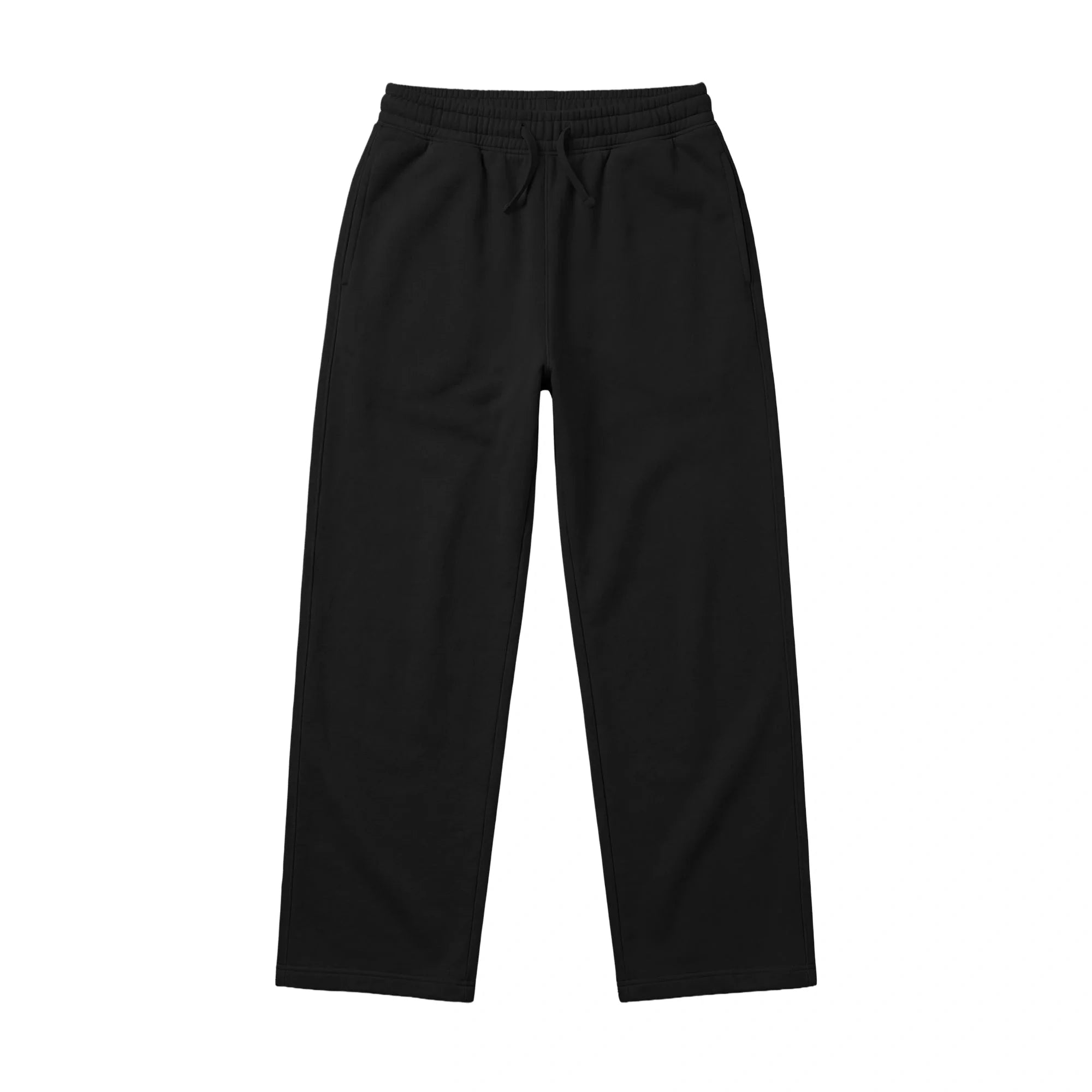 Wide leg baggy sweatpants with an elastic waistband, drawstring, and side pockets, displayed flat against a white background.