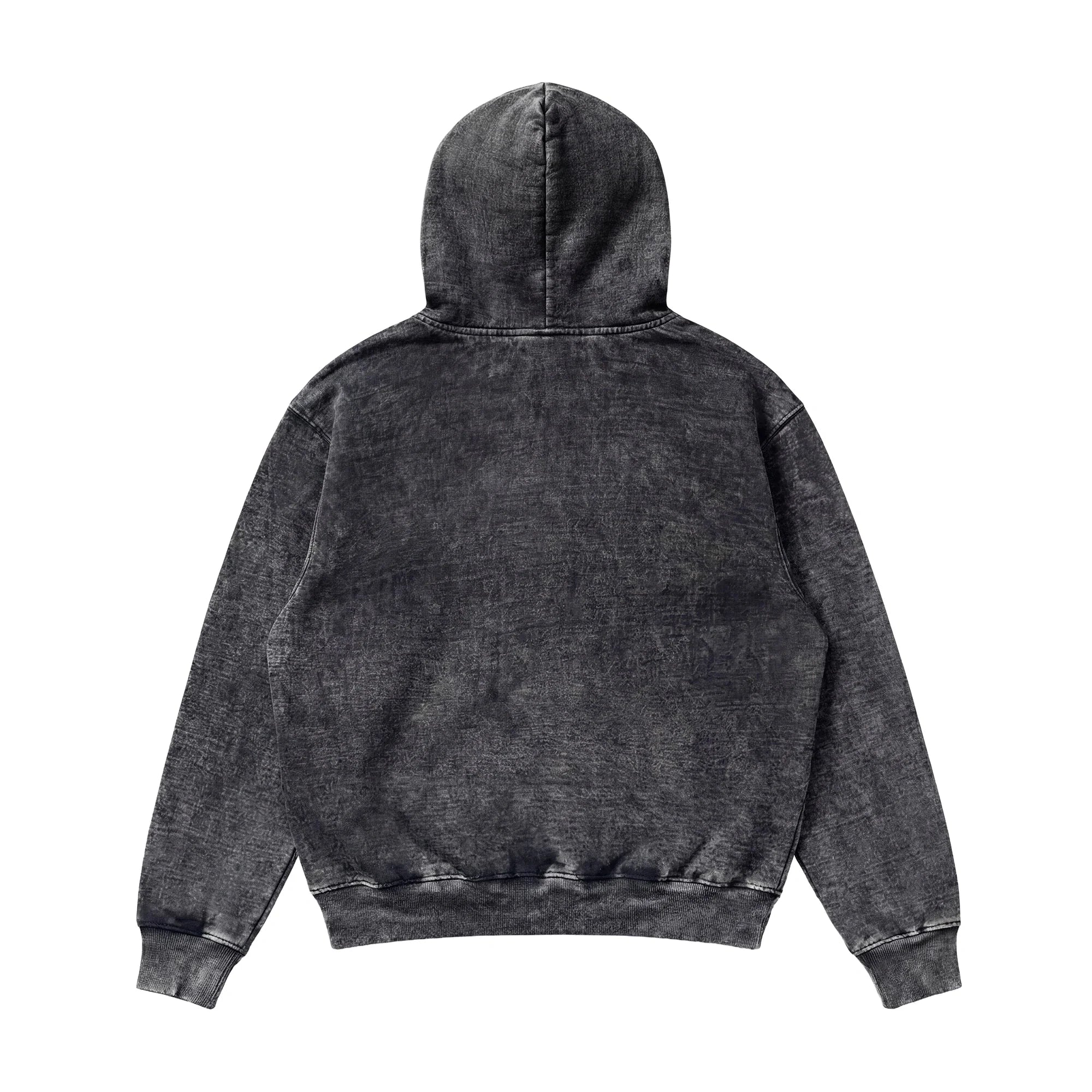 The Mineral Wash Heavy Fleece Hoodie is shown from the back in faded black. It features a hood, long sleeves with ribbed cuffs and hem, and a relaxed fit with a vintage, worn texture for effortless comfort.