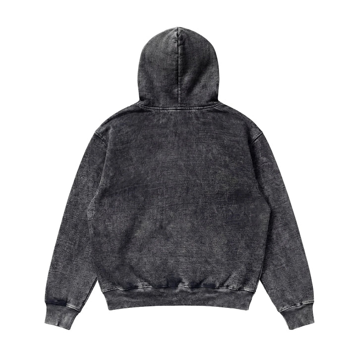 The Mineral Wash Heavy Fleece Hoodie is shown from the back in faded black. It features a hood, long sleeves with ribbed cuffs and hem, and a relaxed fit with a vintage, worn texture for effortless comfort.