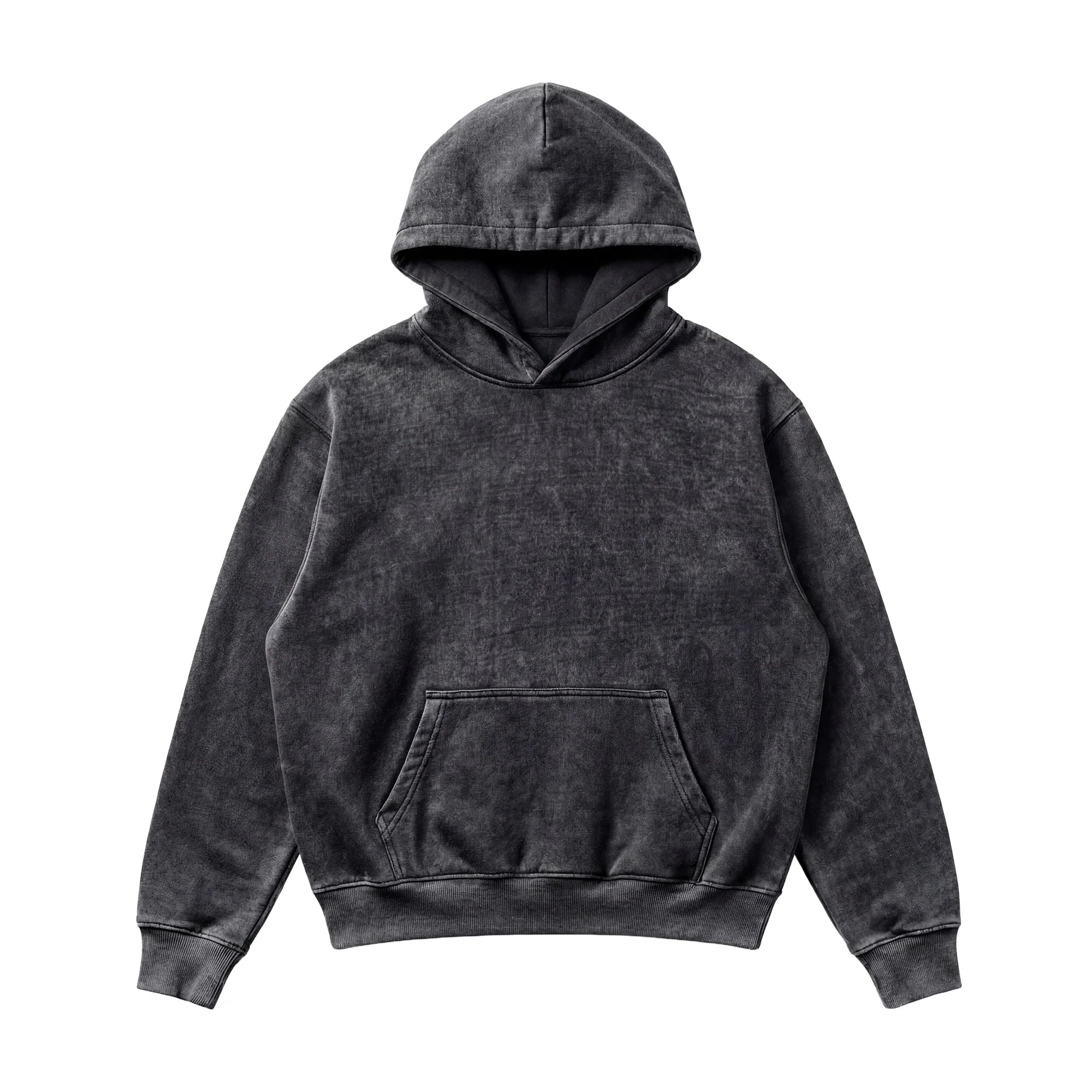 The Mineral Wash Heavy Fleece Hoodie, in black, is shown laid flat with its hood up. Featuring a front pouch pocket and long sleeves, it highlights a relaxed fit and vintage-inspired faded look against a white background.