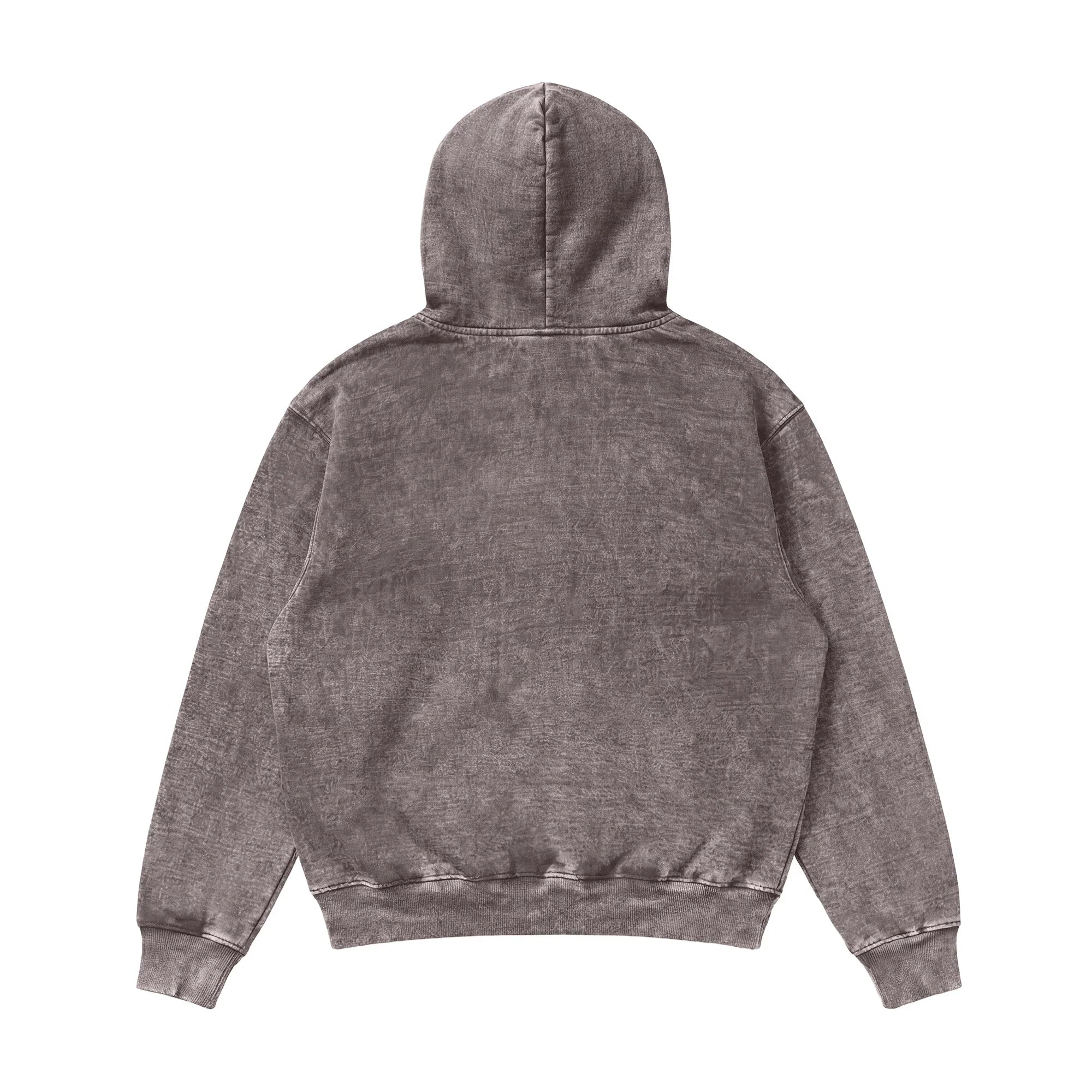 The Mineral Wash Heavy Fleece Hoodie is shown from the back in plain, faded gray. It features long sleeves and a waistband, with no visible designs or logos.