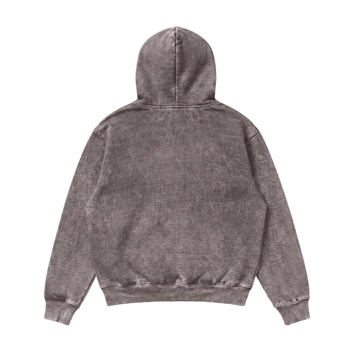 The Mineral Wash Heavy Fleece Hoodie is shown from the back in plain, faded gray. It features long sleeves and a waistband, with no visible designs or logos.
