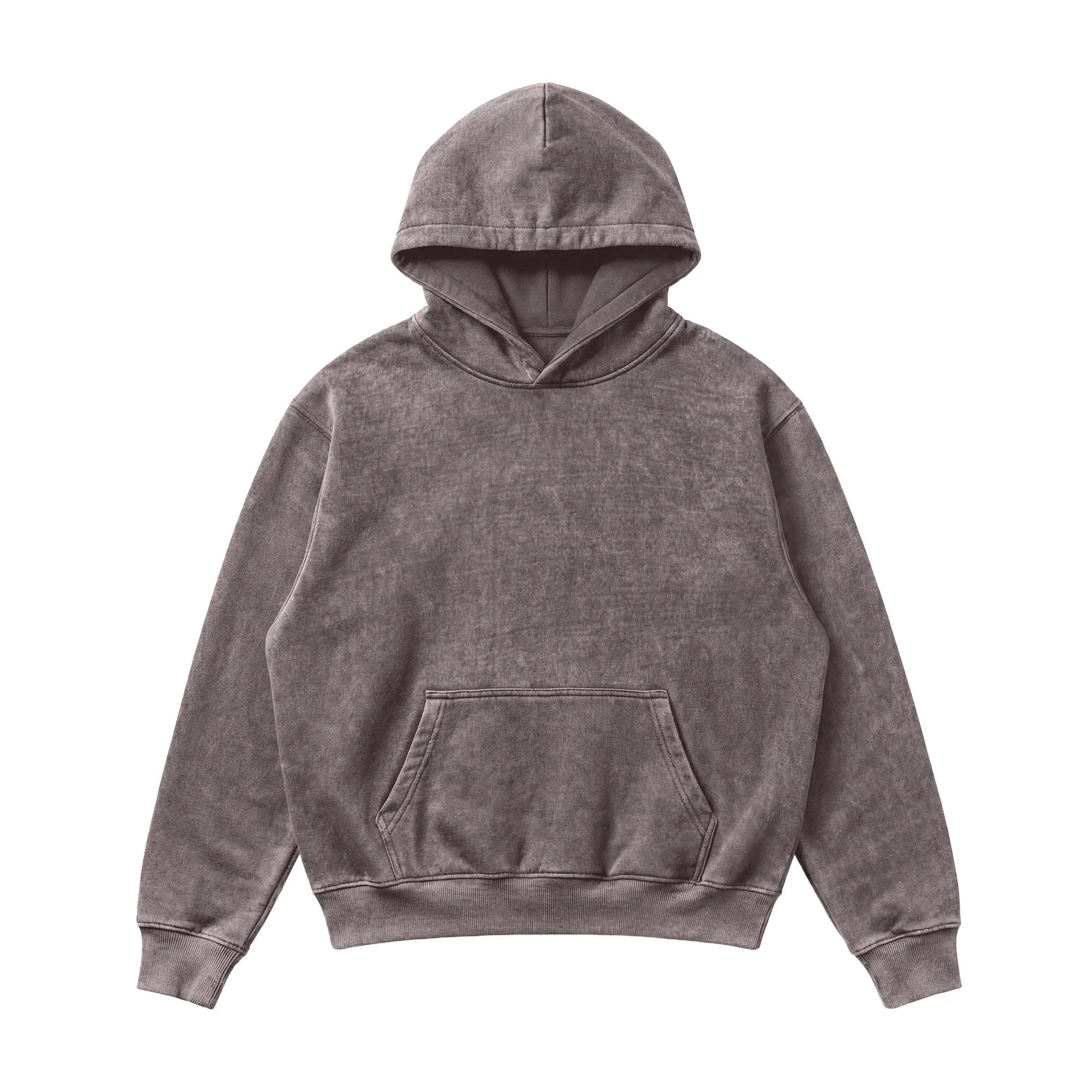 The Mineral Wash Heavy Fleece Hoodie is a heavyweight, relaxed-fit sweatshirt in stonewashed gray with long sleeves and a front pocket, shown laid flat on a white background.