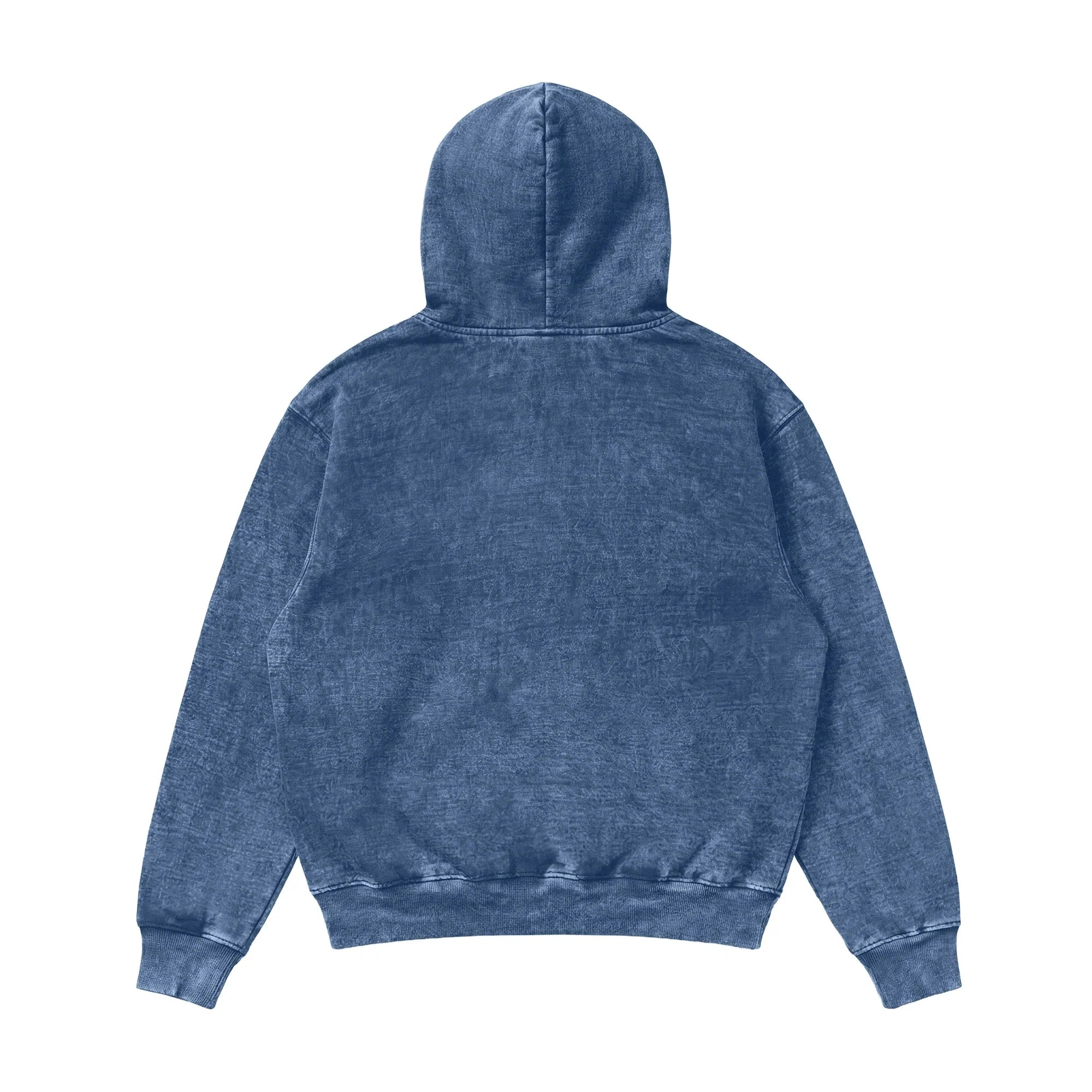 The Mineral Wash Heavy Fleece Hoodie is displayed from the back, featuring a hood and long sleeves, laid flat on a white background.