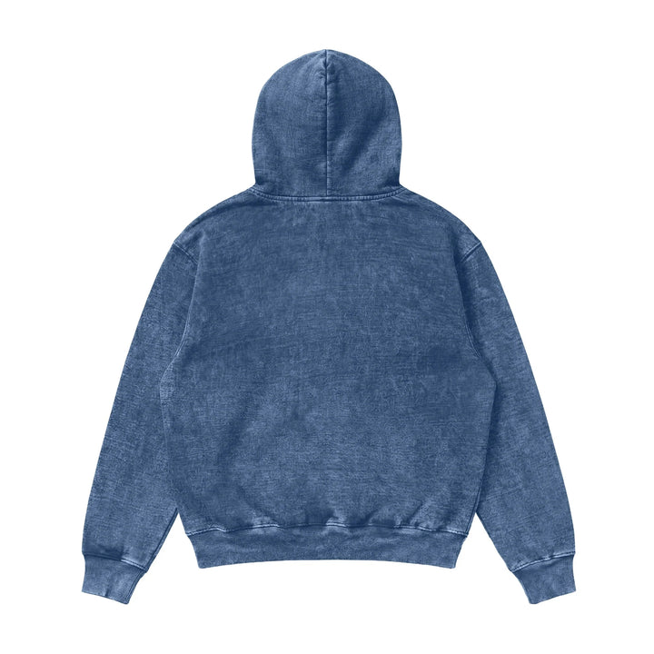 The Mineral Wash Heavy Fleece Hoodie is displayed from the back, featuring a hood and long sleeves, laid flat on a white background.