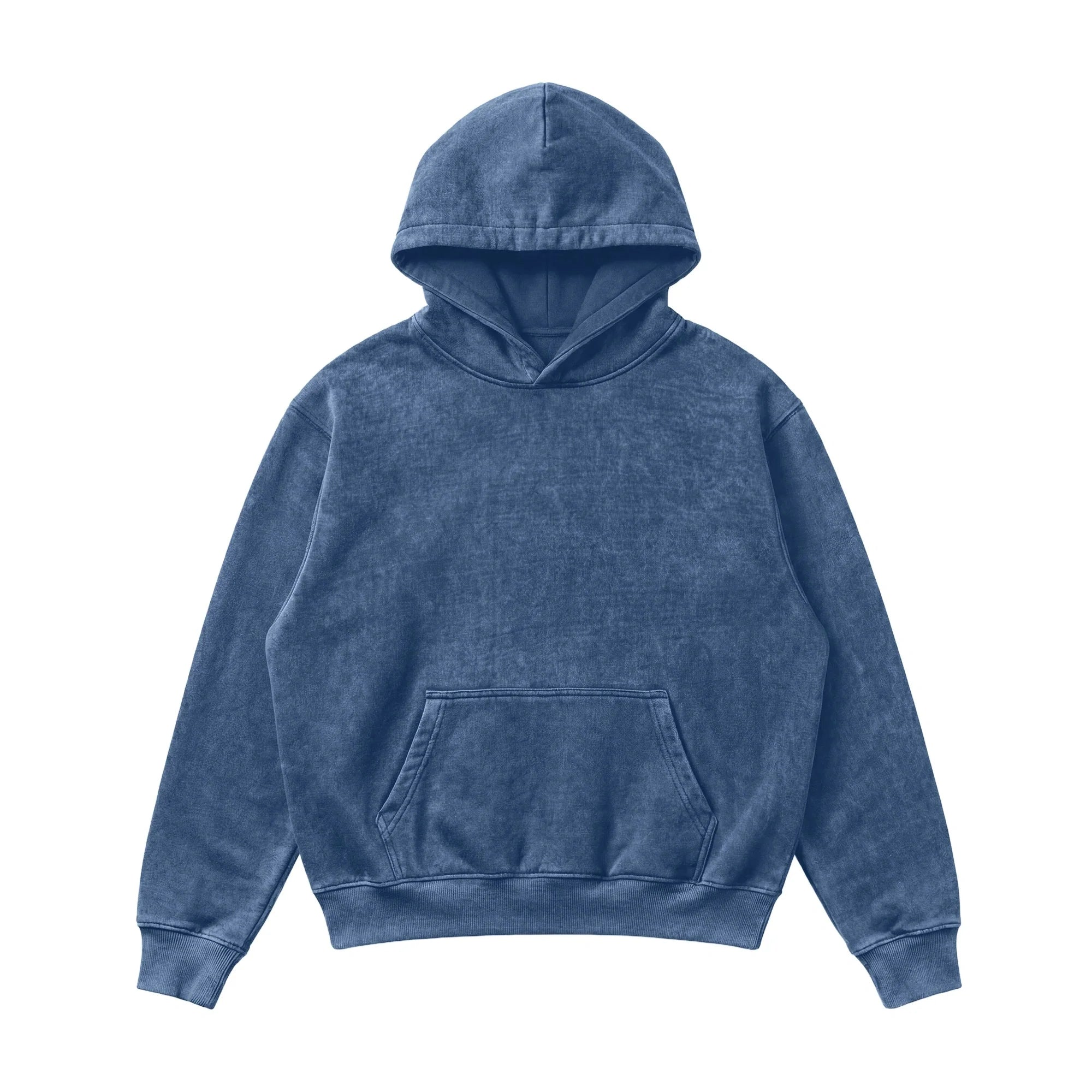 The Mineral Wash Heavy Fleece Hoodie is a blue, long-sleeve heavyweight fleece with a front pouch pocket, shown flat on a white background.