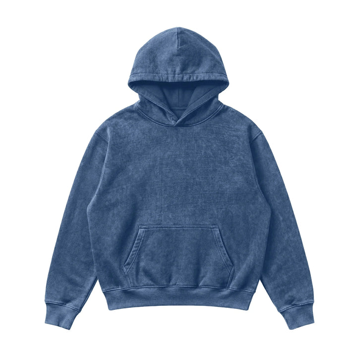 The Mineral Wash Heavy Fleece Hoodie is a blue, long-sleeve heavyweight fleece with a front pouch pocket, shown flat on a white background.