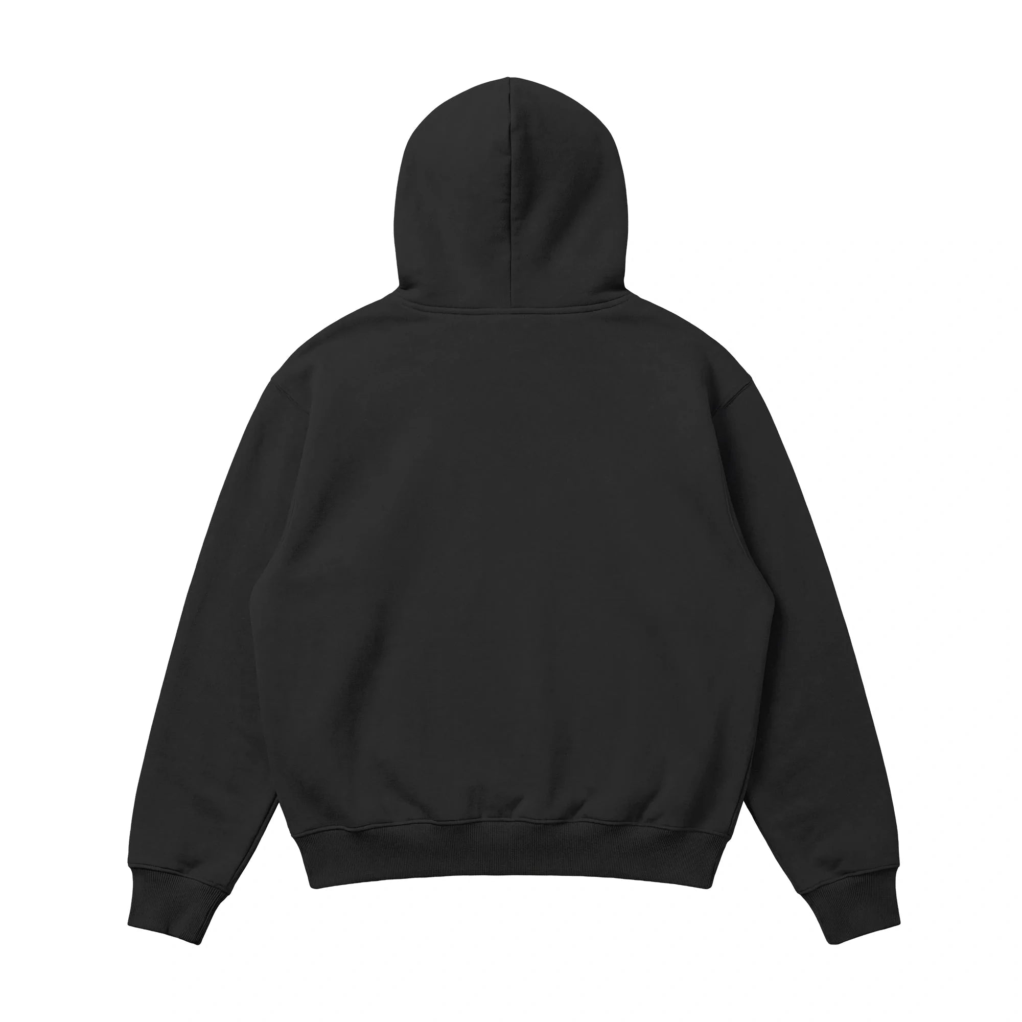 The Piece Dyed 14oz Heavy Fleece Hoodie is shown from the back in plain black, featuring a hood, long sleeves, and ribbed cuffs and waistband, displayed on a white background.