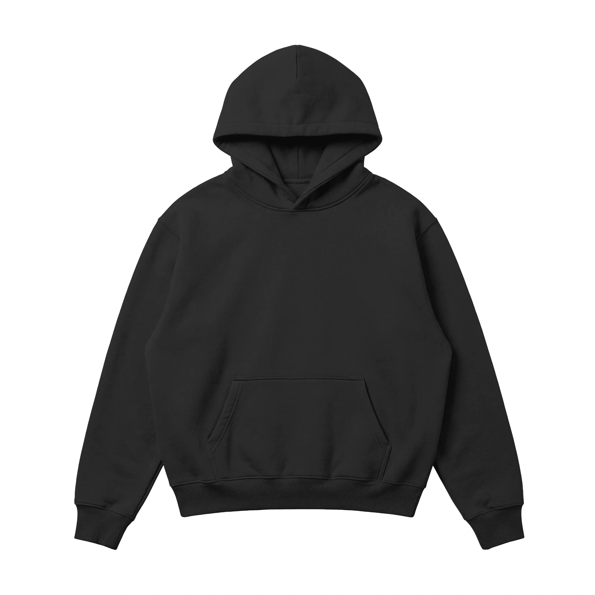 The Piece Dyed 14oz Heavy Fleece Hoodie is a plain black, loose fit hoodie with a front pocket, shown against a white background.