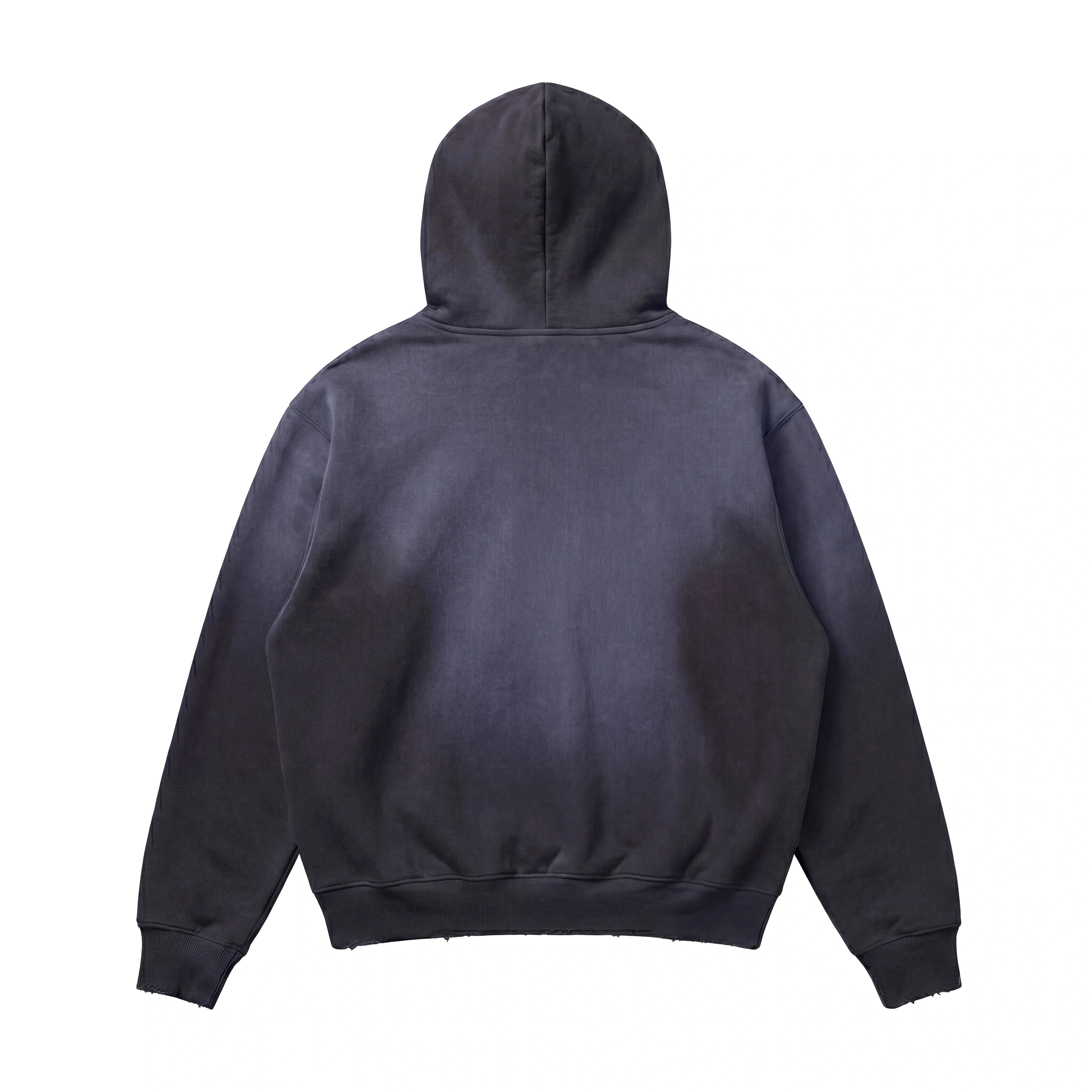 The Vintage Distressed Special Hoodie is displayed flat, back side up, against a white background, showcasing its heavyweight black streetwear design with long sleeves, a hood, and ribbed cuffs and hem.