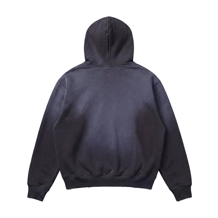 The Vintage Distressed Special Hoodie is displayed flat, back side up, against a white background, showcasing its heavyweight black streetwear design with long sleeves, a hood, and ribbed cuffs and hem.