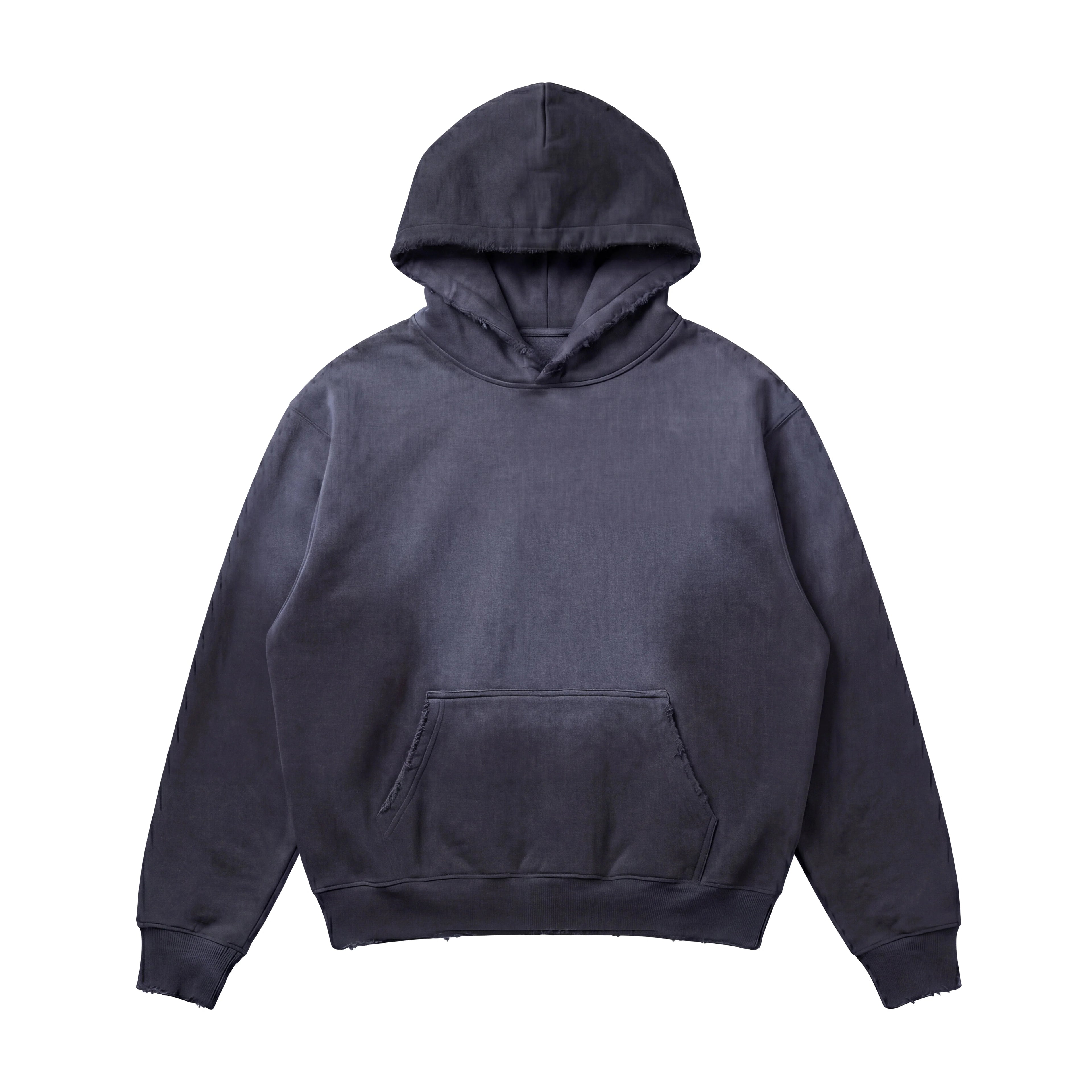 The Vintage Distressed Special Hoodie is a heavyweight 14 oz streetwear hoodie in plain dark gray, featuring a front pocket and shown flat on a white background.