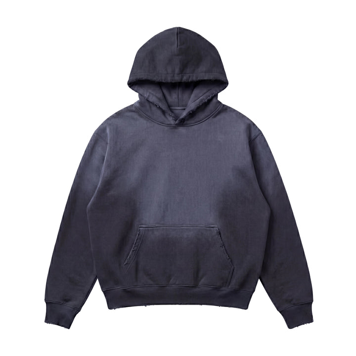 The Vintage Distressed Special Hoodie is a heavyweight 14 oz streetwear hoodie in plain dark gray, featuring a front pocket and shown flat on a white background.