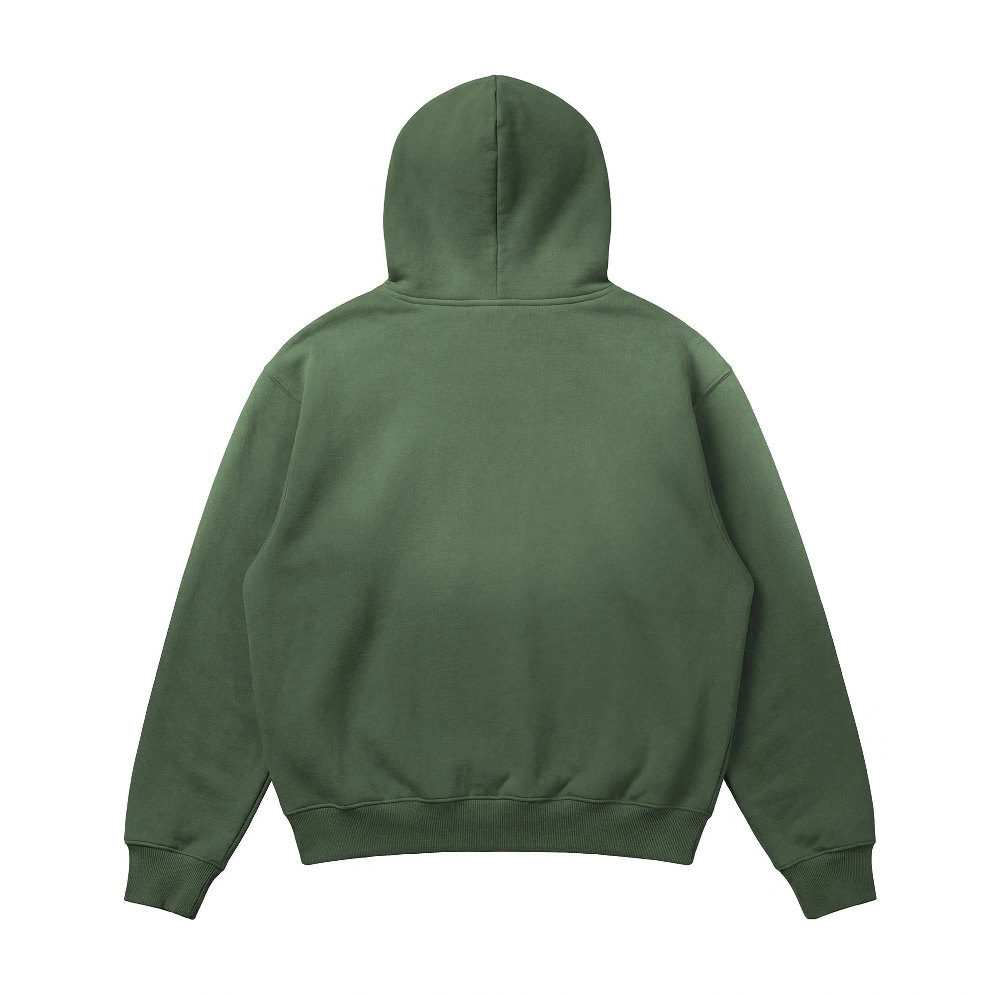 The Vintage Distressed Special Hoodie is a heavyweight, forest green 14 oz streetwear piece with a relaxed fit, long sleeves, ribbed cuffs and waistband, shown from the back with no visible logos or designs.
