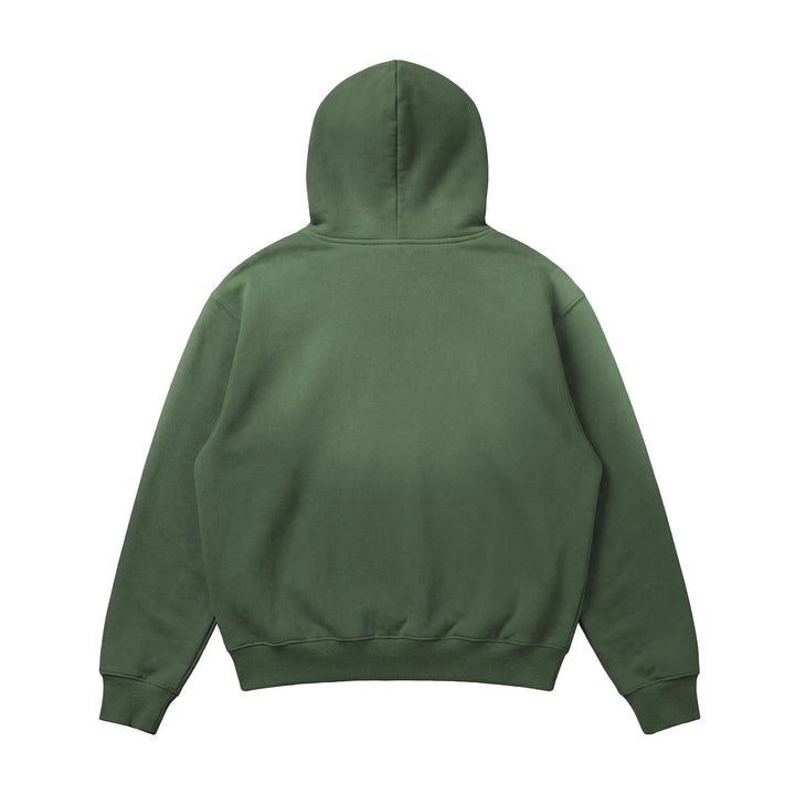 The Vintage Distressed Special Hoodie is a heavyweight, forest green 14 oz streetwear piece with a relaxed fit, long sleeves, ribbed cuffs and waistband, shown from the back with no visible logos or designs.