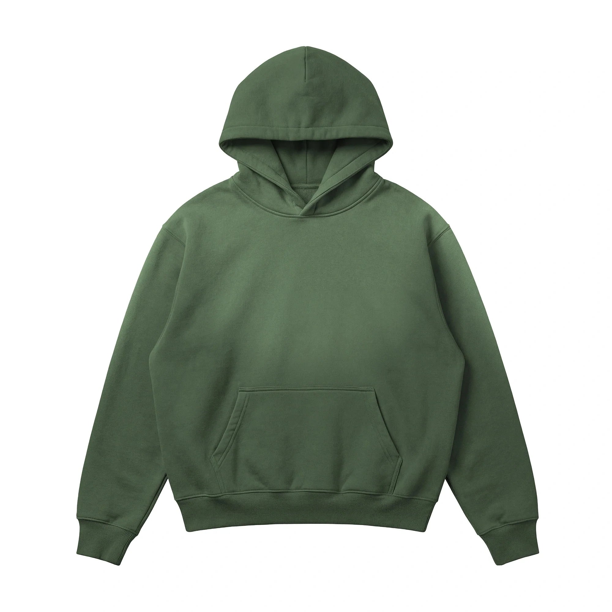 The Vintage Distressed Special Hoodie is a heavyweight 14 oz streetwear piece in plain forest green, featuring a front pocket and drawstring hood, shown laid flat on a white background.