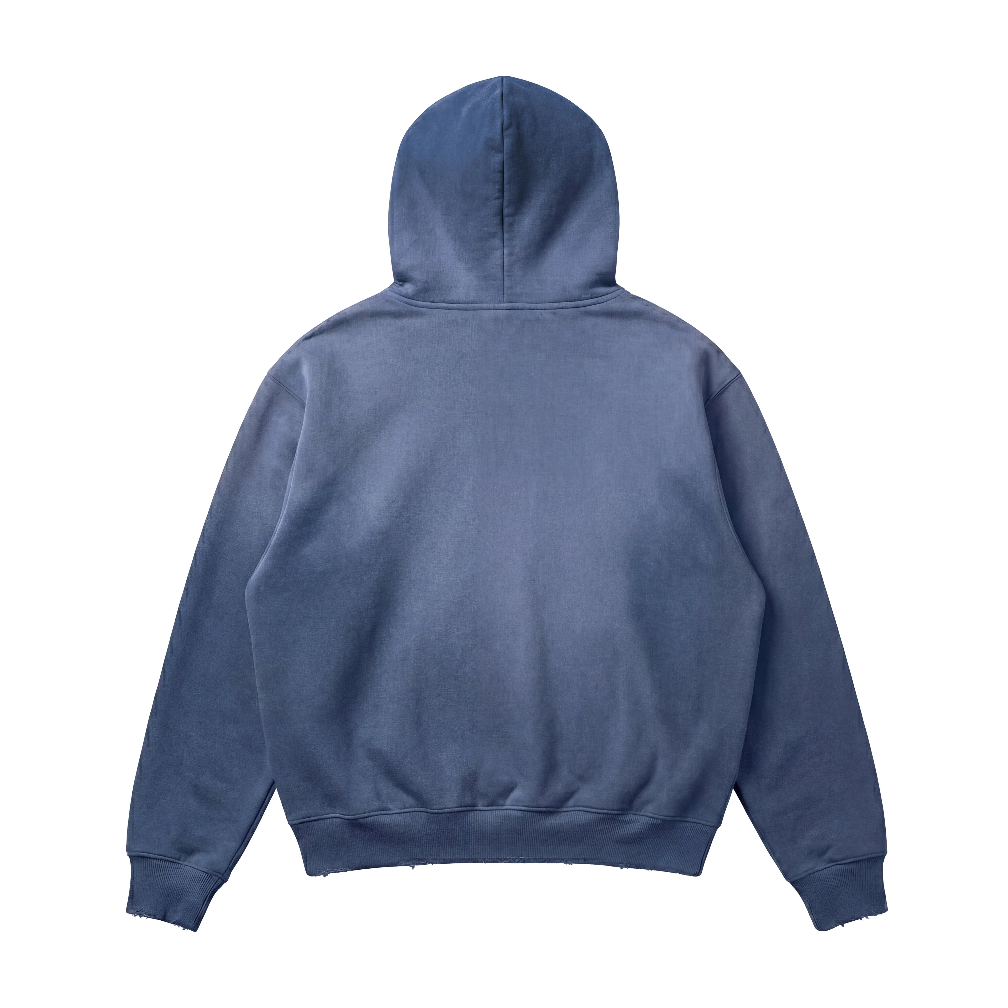 The Vintage Distressed Special Hoodie, a heavyweight 14 oz streetwear piece in plain blue, is shown laid flat with the back facing up, long sleeves, ribbed cuffs, and waistband.