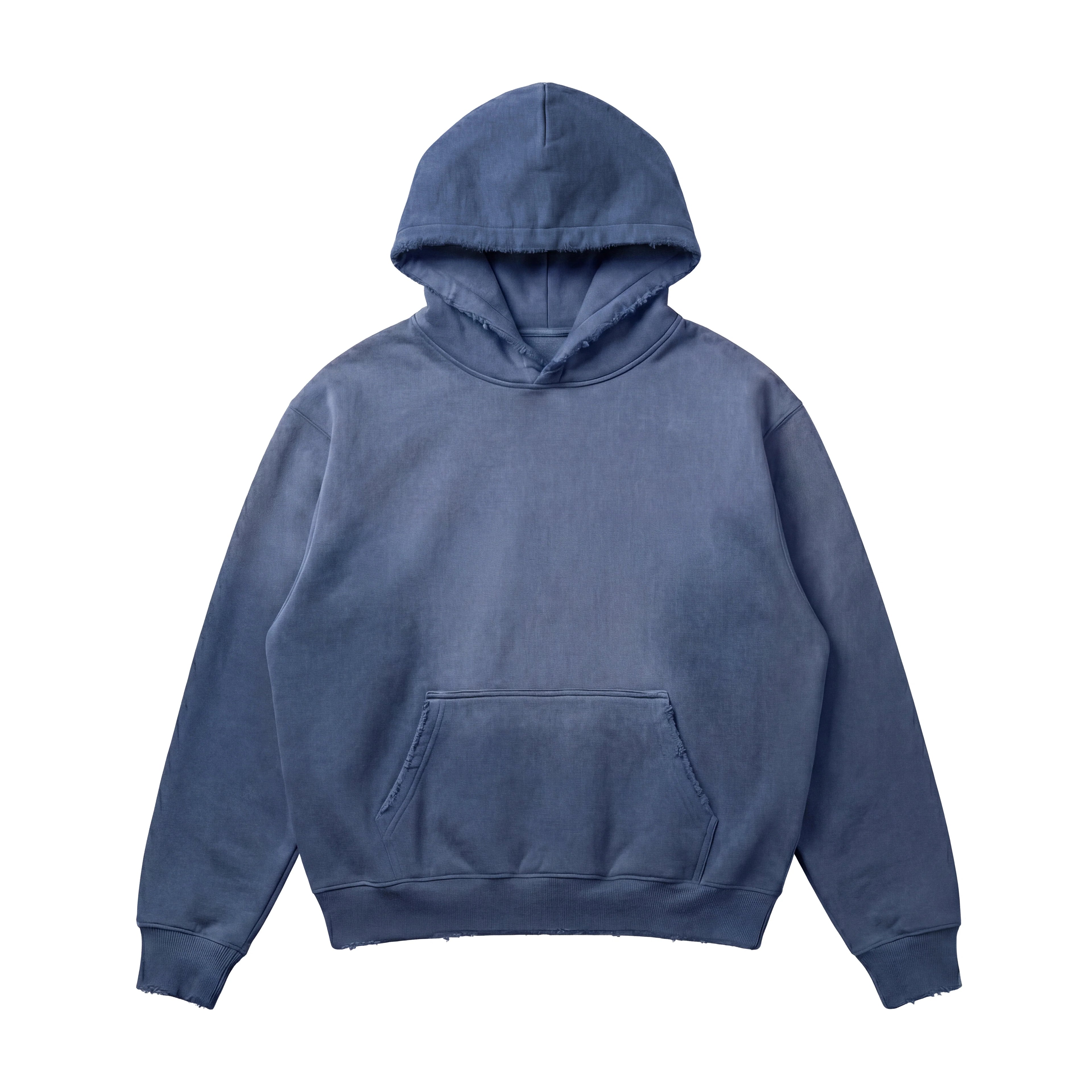 The Vintage Distressed Special Hoodie is a heavyweight streetwear piece in plain blue, with a front pouch pocket, long sleeves, and ribbed cuffs and hem. This 14 oz hoodie is shown on a white background for timeless street style.