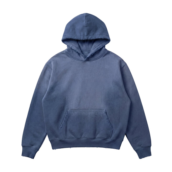 The Vintage Distressed Special Hoodie is a heavyweight streetwear piece in plain blue, with a front pouch pocket, long sleeves, and ribbed cuffs and hem. This 14 oz hoodie is shown on a white background for timeless street style.