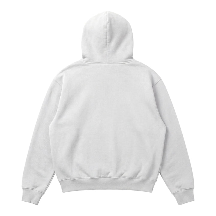 The Piece Dyed 14oz Heavy Fleece Hoodie in plain light gray is shown from the back, featuring a loose fit with long sleeves, ribbed cuffs and hem, and no visible designs, logos, or text.