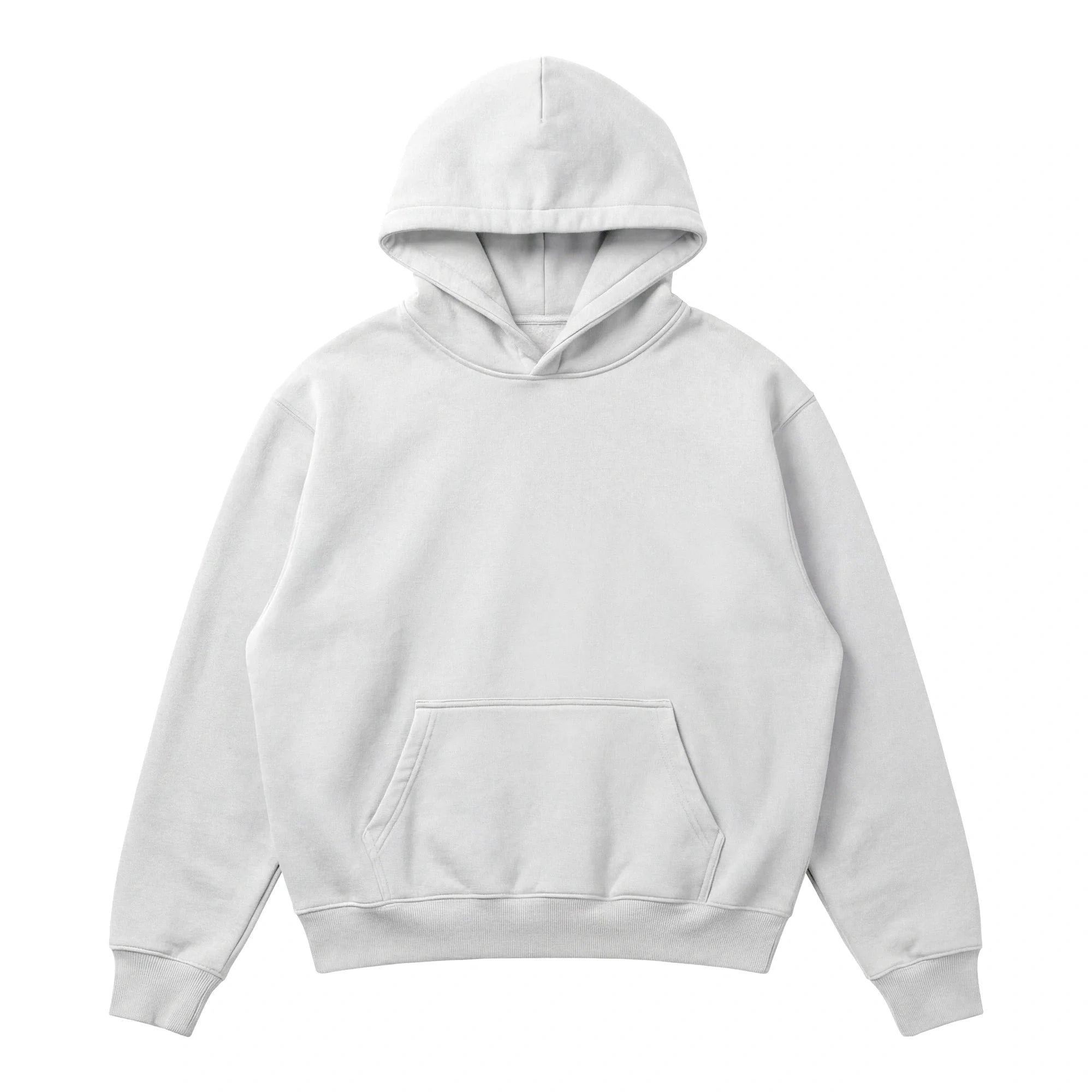 The Piece Dyed 14oz Heavy Fleece Hoodie is a loose fit, light gray hoodie featuring a front pocket and drawstring hood, made from soft heavyweight fleece and shown on a white background.